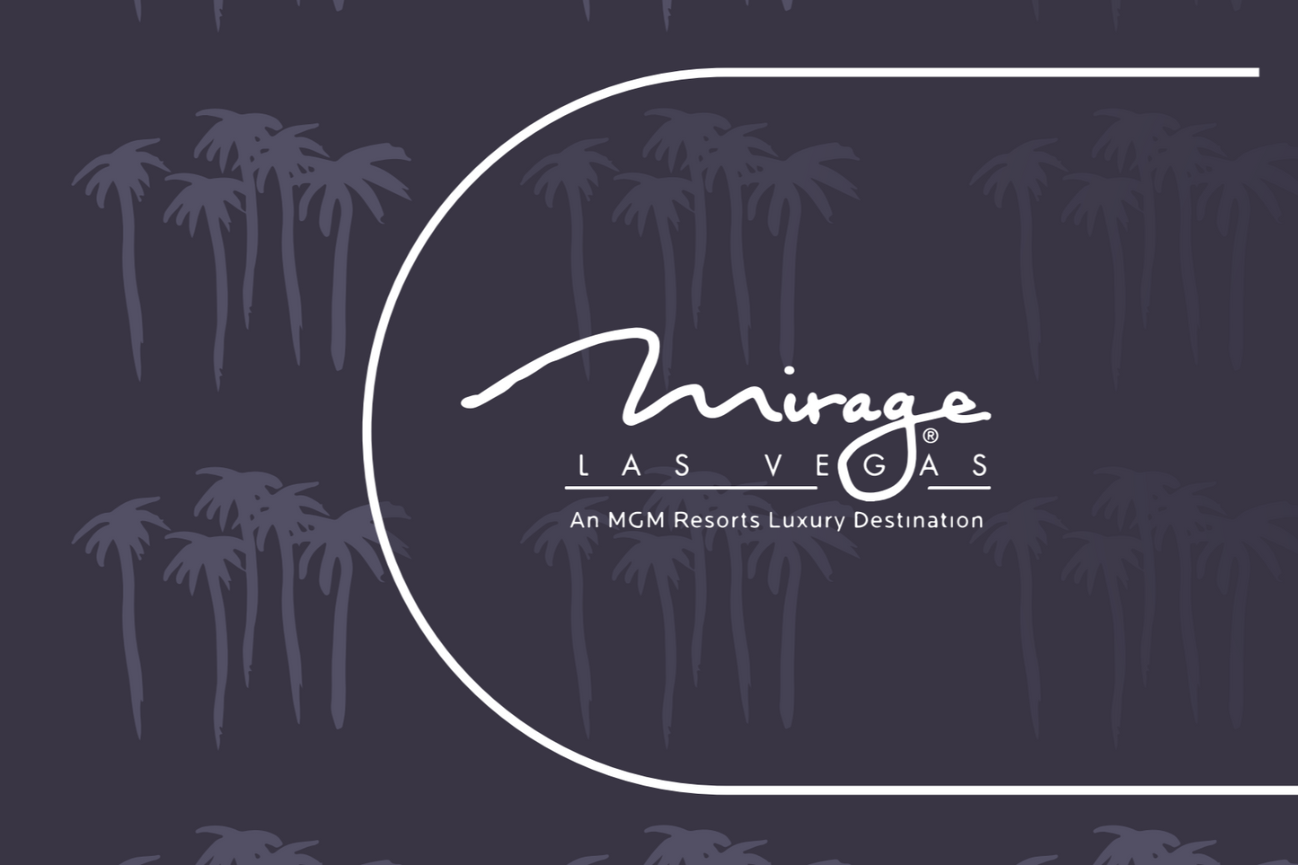 Black poker table felt with a Mirage Las Vegas design, featuring a white oval and palm trees in the background.