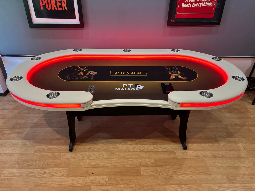 Poker table with a dealer seat and drop box. Raised rail with glass light diffuser. LED lights inside the rail