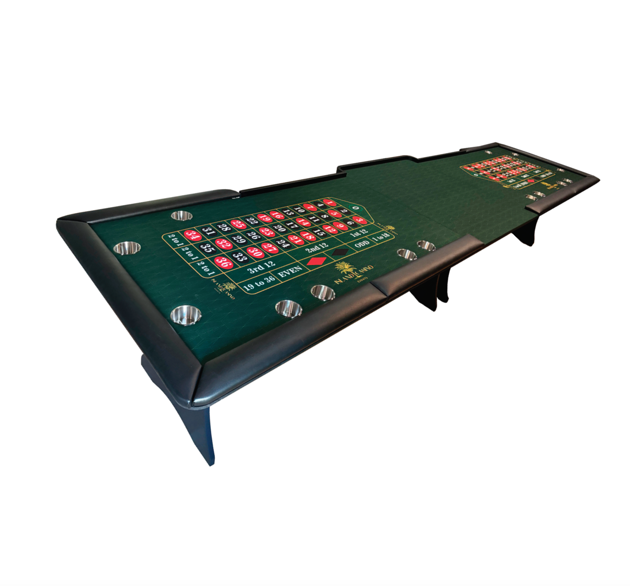 3 piece roulette table, extra long, easy install and remove, convertible and use as a standard roulette table. Stainless steel cupholders. Roulette table rentals, tables for casino events and nights
