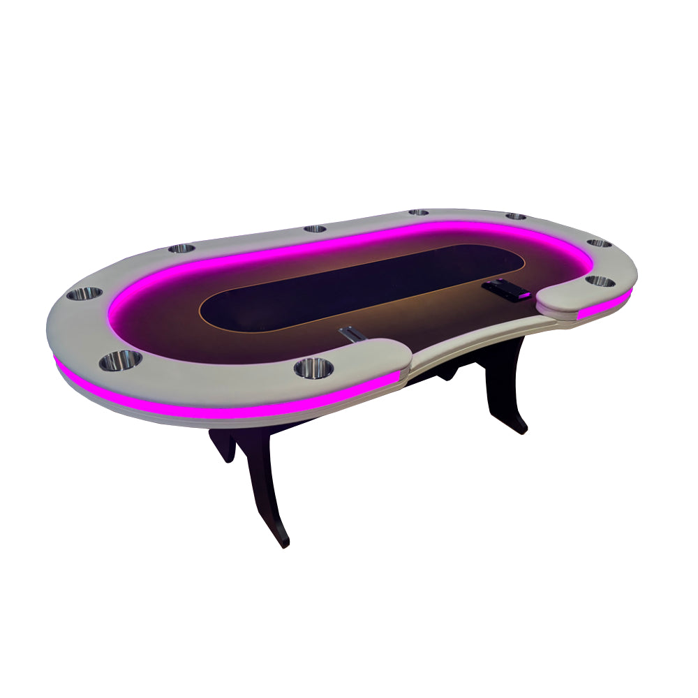 An oval premium deluxe casino poker table with a dealer seat and drop box. White leather vinyl raised rail with milk PVC oragnic glass as a light diffuser. Bright LED lights inside and outside of the rail